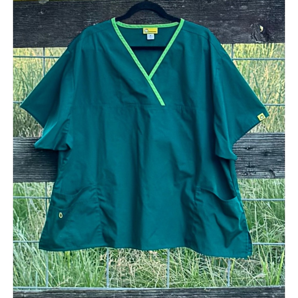 WonderWink Scrub Top 4X Hunter Green Lime Trim Multi Pocket‎ Style 6026 Medical